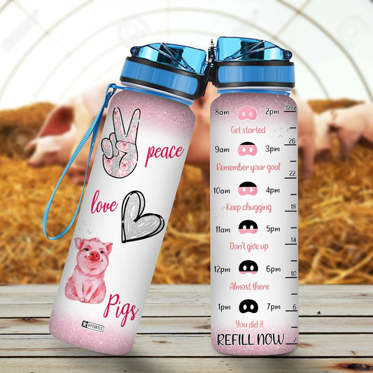 Peace Love Pig Water Bottle Tracker 32oz – Personalized Motivational Bottle with Time Marker – Cute Gift for Pig Lovers