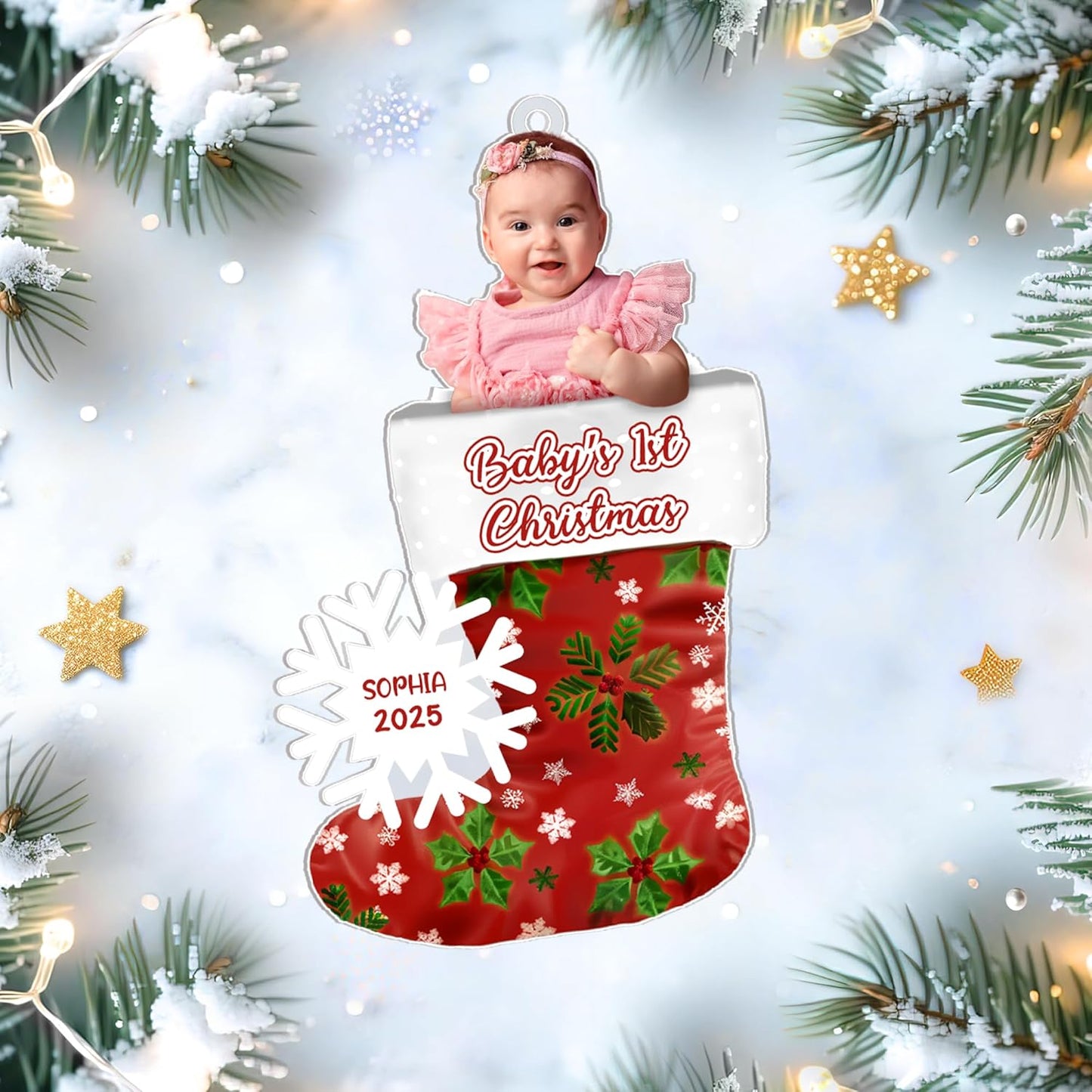 Baby’s First Christmas Stocking Cut Acrylic Ornament – Personalized Photo Keepsake Gift for New Parents, Girl or Boy, Nursery and Tree Decor