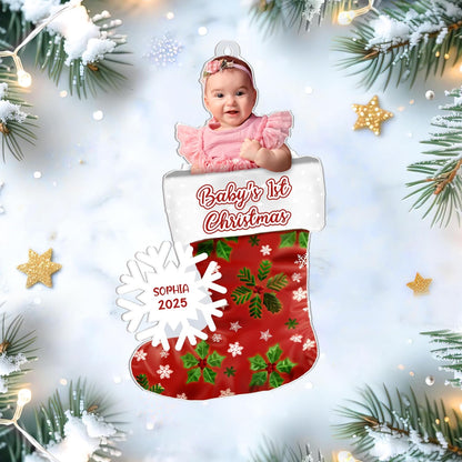 Baby’s First Christmas Stocking Cut Acrylic Ornament – Personalized Photo Keepsake Gift for New Parents, Girl or Boy, Nursery and Tree Decor
