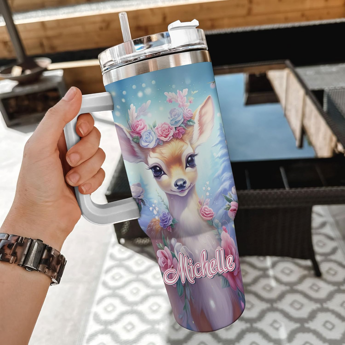 Floral Deer Tumbler 40oz with Handle & Straw – Personalized Stainless Steel Insulated Cup with Lid – Cute Animal Gift for Women & Girls