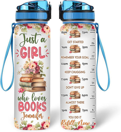 Book Lovers Water Bottle Tracker 32oz Personalized – Reading Theme Hydration Bottle – Graduation or Birthday Gift for Readers