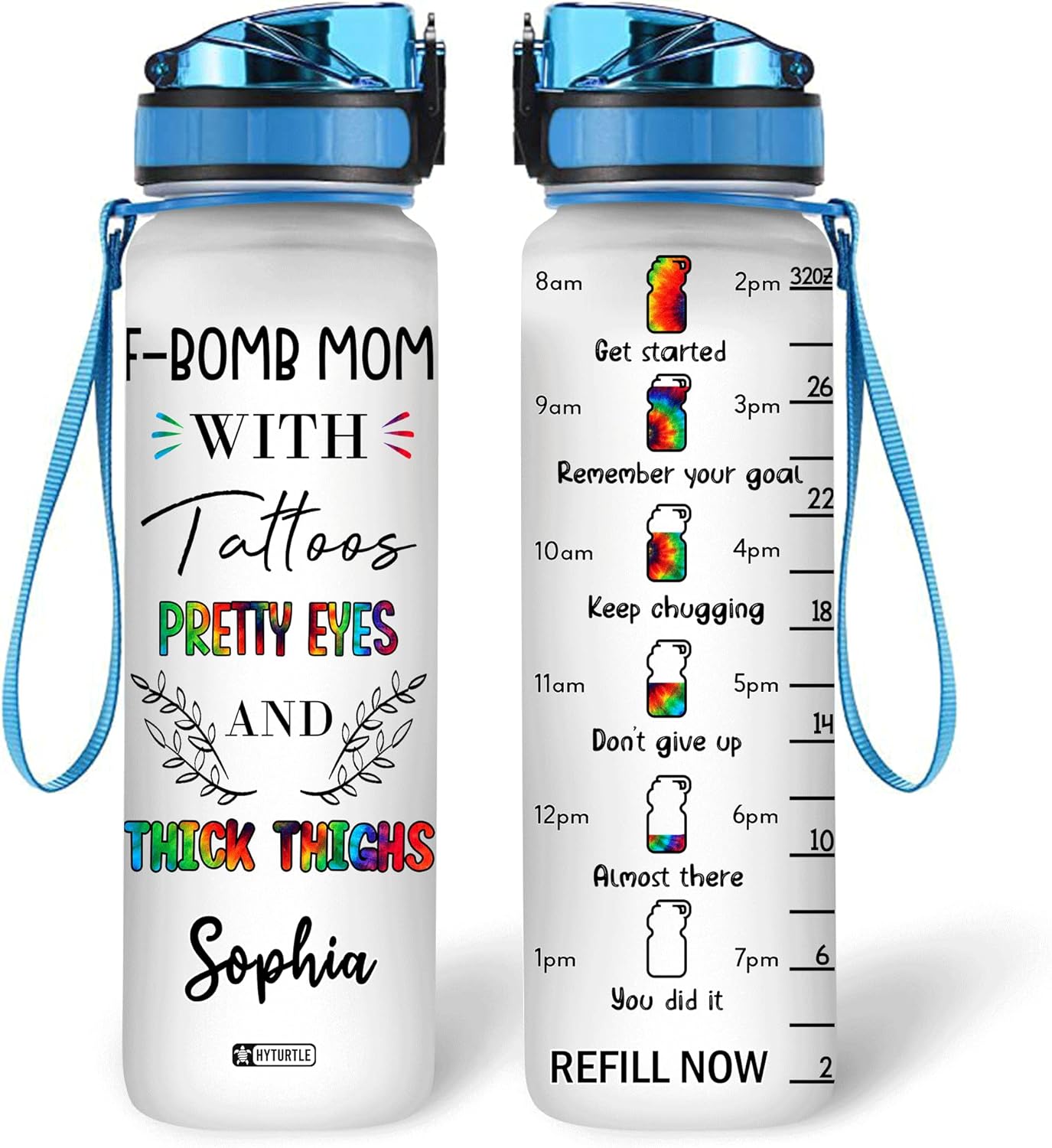 F-Bomb Mom With Tattoos Pretty Eyes - Personalized Water Tracker Bottle 32oz