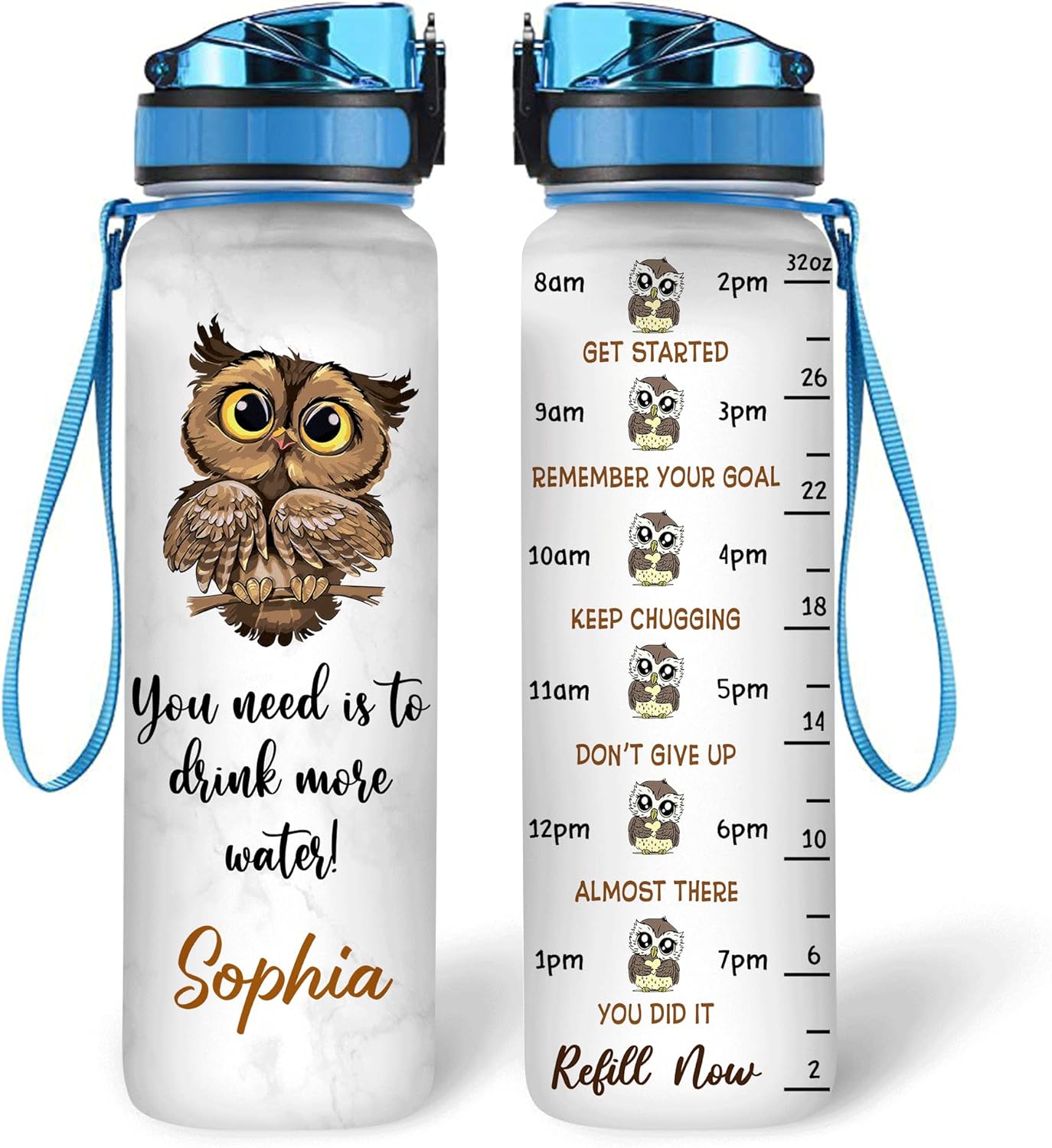 You Need To Drink More Water Owl Water Bottle Tracker 32oz – Personalized Motivational Hydration Bottle – Cute Gift for Owl Lovers