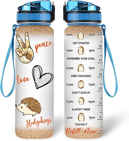 Hedgehog Lover Water Bottle Tracker 32oz – Personalized Cute Animal Hydration Bottle with Time Marker – Unique Gift for Women Girls