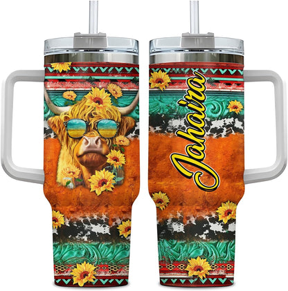 Highland Cow Western Sunflower Tumbler 40oz with Handle & Straw – Personalized Stainless Steel Insulated Cup with Lid – Creative Gift for Animal Lovers