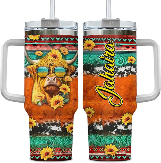 Highland Cow Western Sunflower Tumbler 40oz with Handle & Straw – Personalized Stainless Steel Insulated Cup with Lid – Creative Gift for Animal Lovers