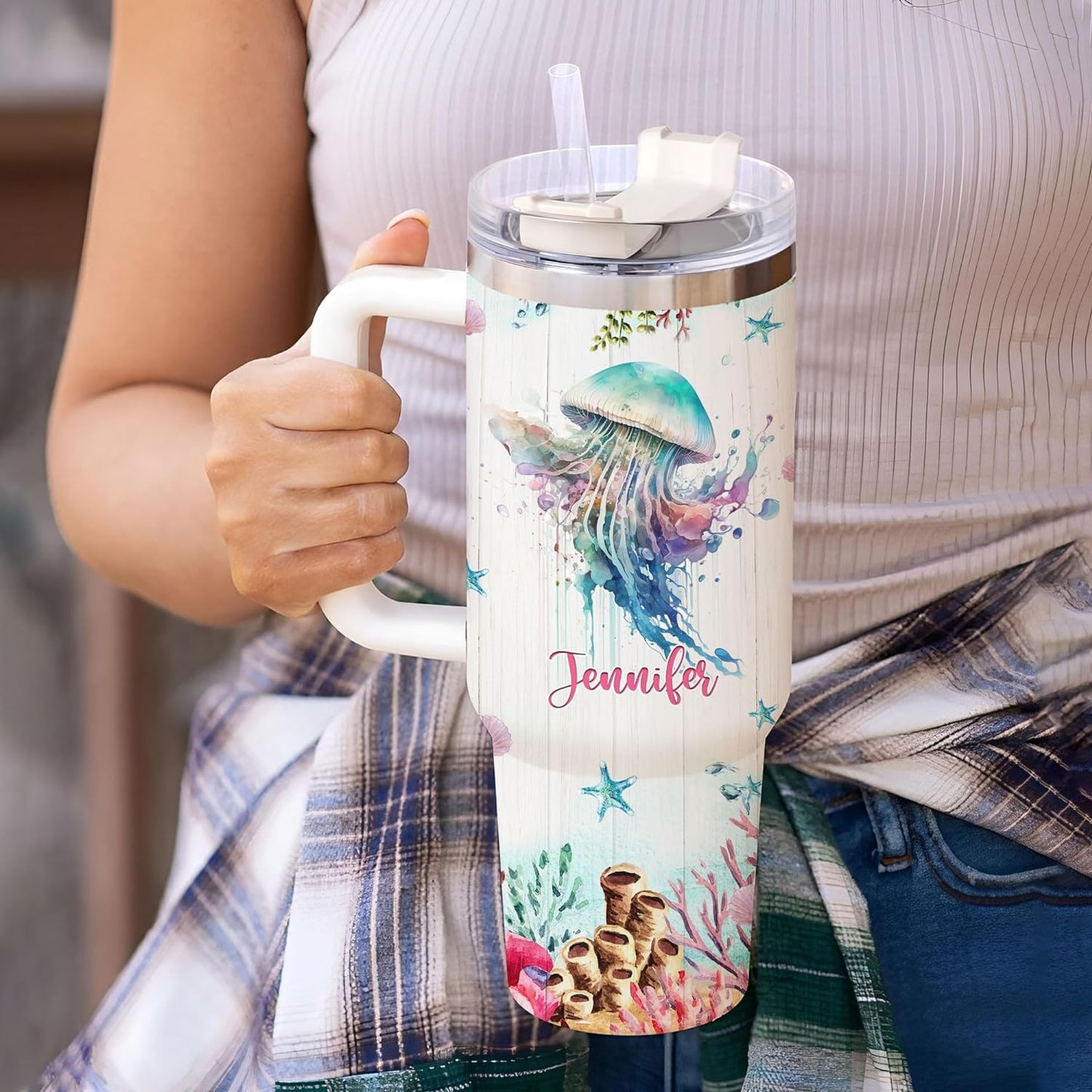Watercolor Jellyfish 40oz Tumbler with Handle & Straw – Personalized Stainless Steel Insulated Travel Cup with Lid – Stylish Gift for Sea Life Lovers