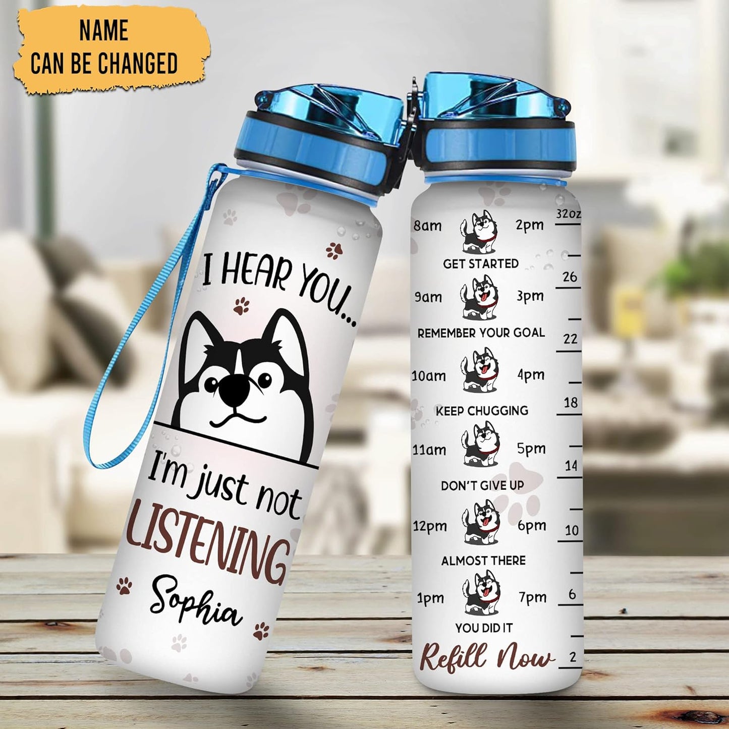 Funny Husky Quote Water Bottle Tracker 32oz – Personalized Motivational Water Bottle with Time Marker – Unique Gift for Dog Lovers