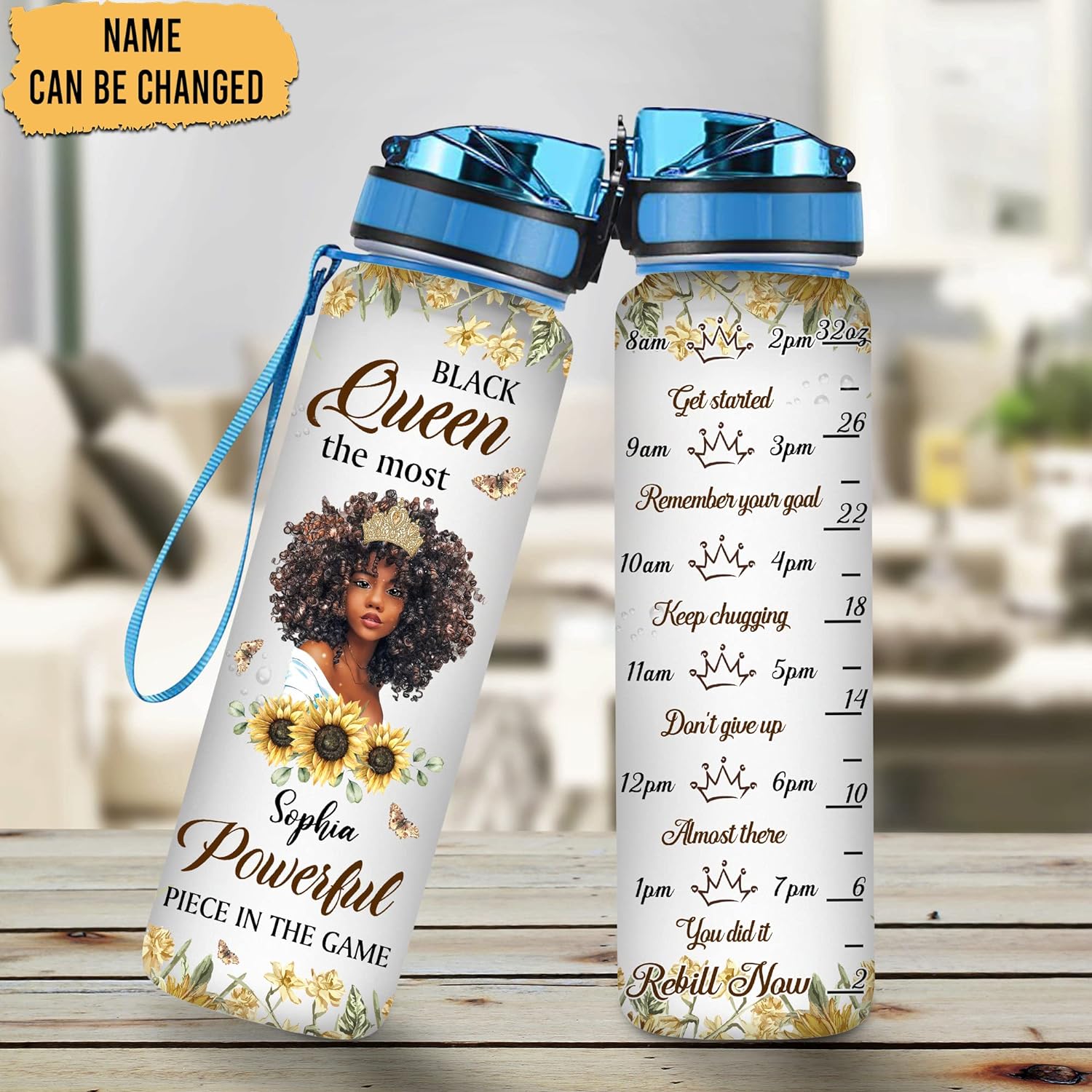 The Most Powerfull Black Queen - Personalized Water Tracker Bottle 32oz