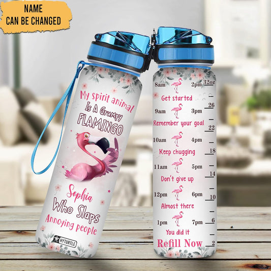 Flamingo Water Bottle Tracker 32oz – Personalized Motivational Bottle with Time Marker – Funny Gift for Women & Friends