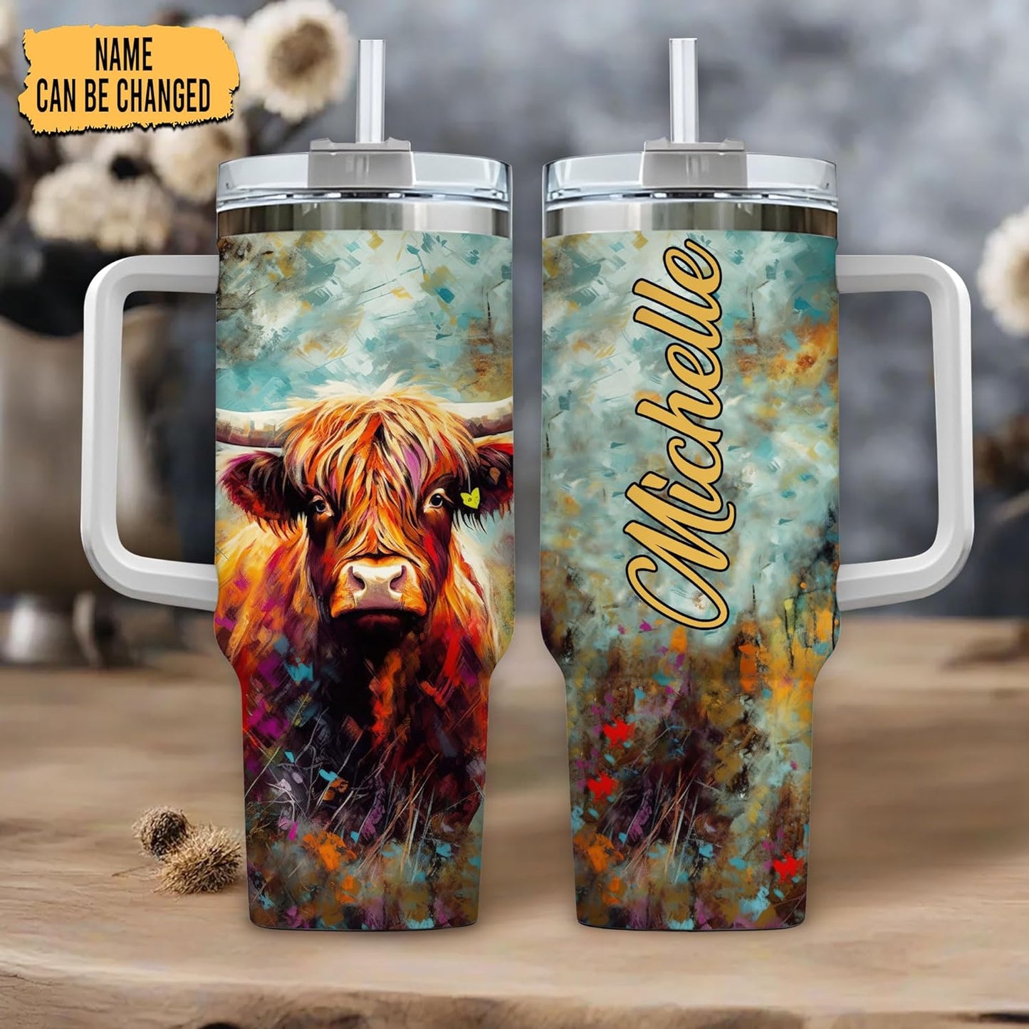 Highland Cow Art Tumbler 40oz – Personalized Stainless Steel Insulated Travel Cup with Handle & Straw, Leak-Proof Lid – Creative Gift for Farm Lovers