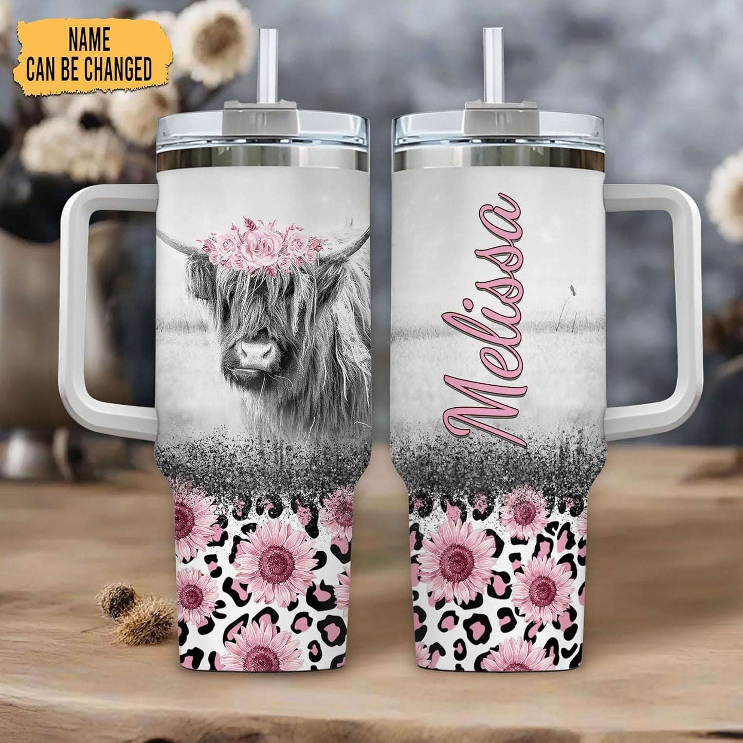 Highland Cow Floral Tumbler 40oz with Handle & Straw – Personalized Stainless Steel Travel Cup with Lid – Cute Farm Animal Gift for Women