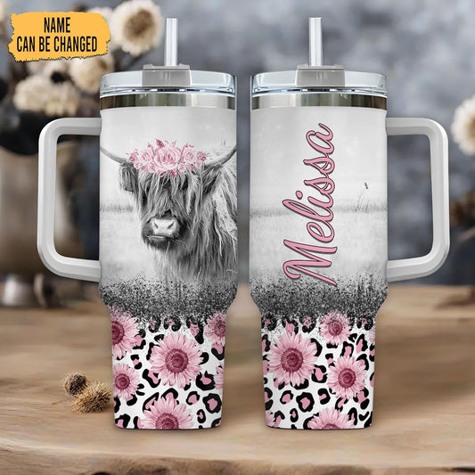 Highland Cow Floral Tumbler 40oz with Handle & Straw – Personalized Stainless Steel Travel Cup with Lid – Cute Farm Animal Gift for Women