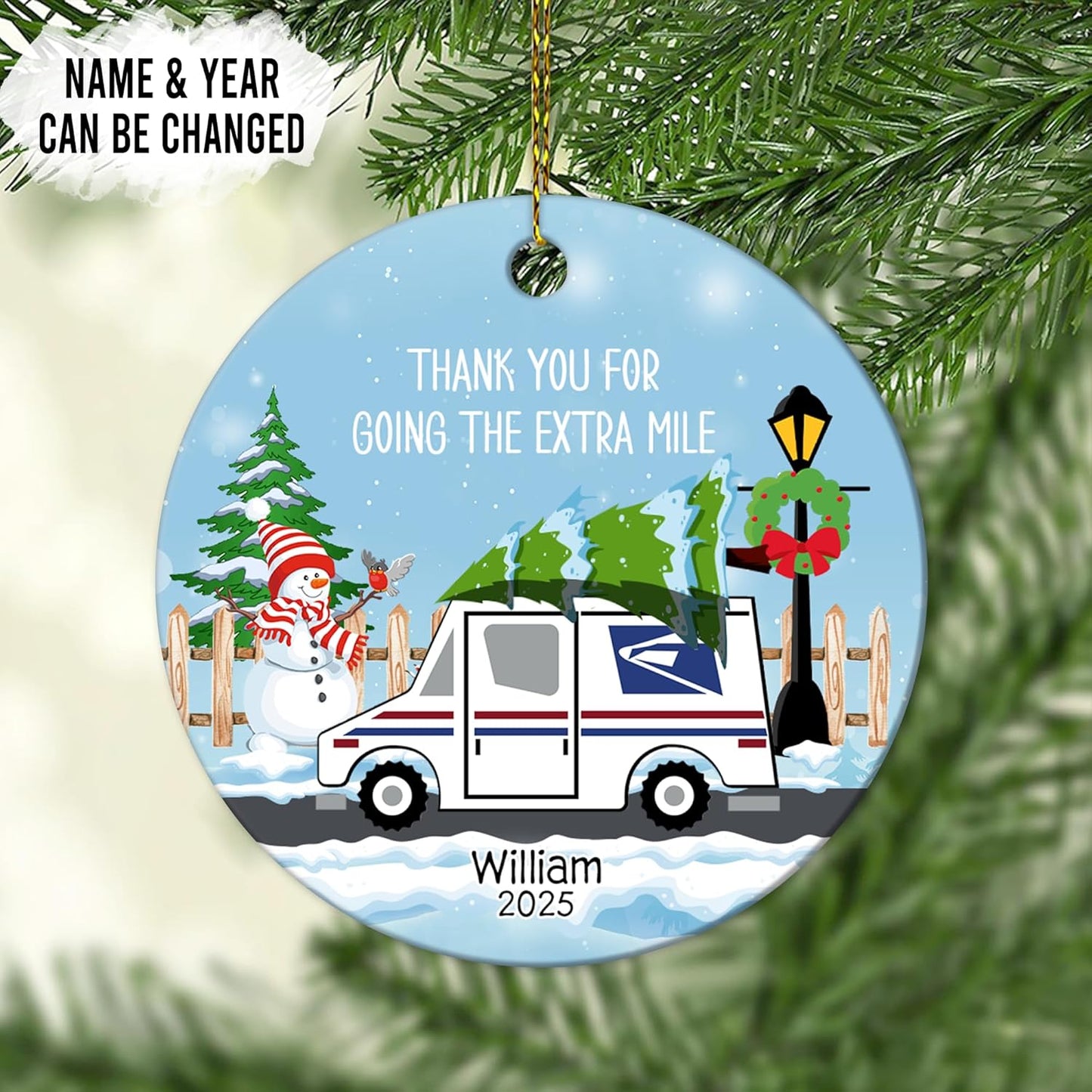 Mail Carrier Snowy Route Ceramic Circle Ornament – Personalized Christmas Thank-You Gift for Postal Worker, Delivery Driver or Mailman Appreciation