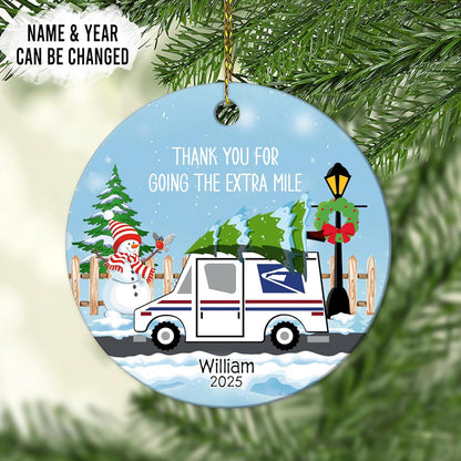 Mail Carrier Snowy Route Ceramic Circle Ornament – Personalized Christmas Thank-You Gift for Postal Worker, Delivery Driver or Mailman Appreciation