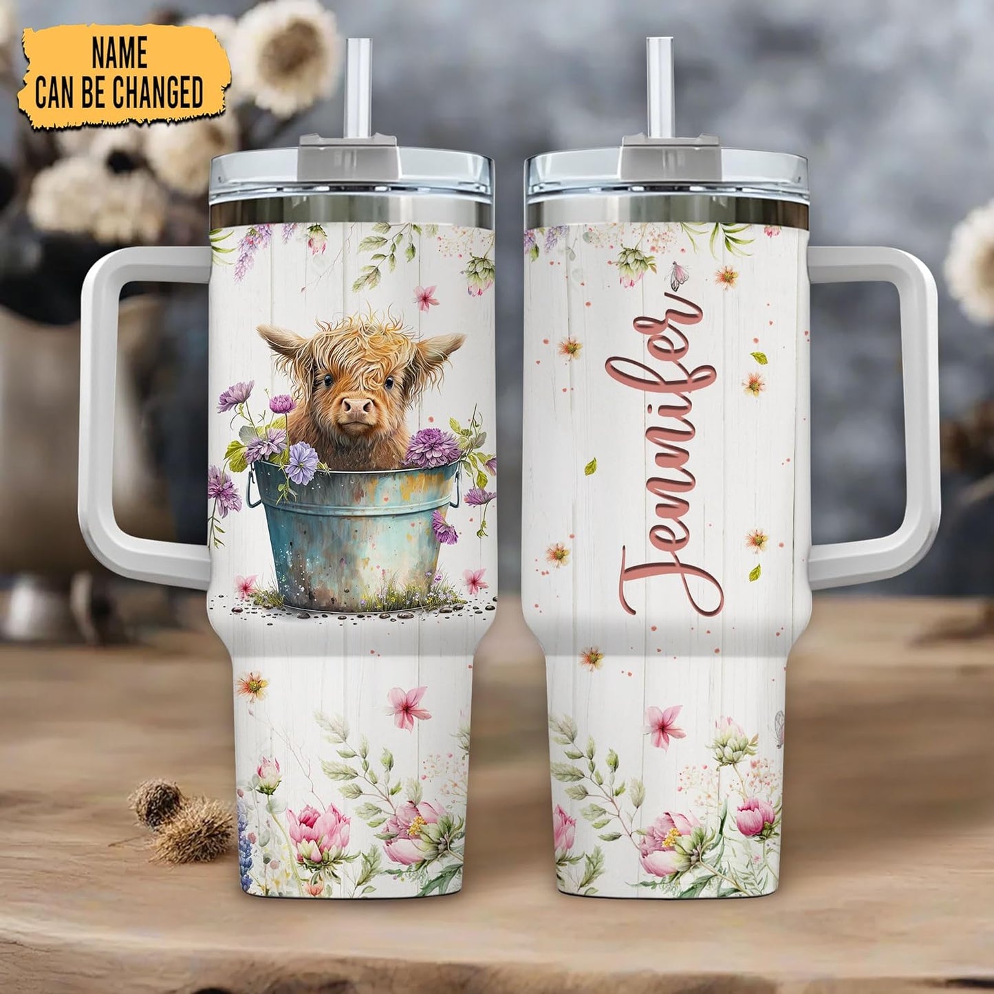 Floral Highland Cow Tumbler 40oz with Handle & Straw – Personalized Stainless Steel Insulated Travel Cup with Lid – Creative Gift for Cow Lovers
