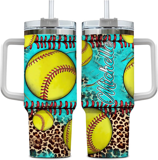 Softball Tumbler 40oz with Handle & Straw – Personalized Stainless Steel Insulated Travel Cup with Lid – Fun Sports Gift for Players & Coaches