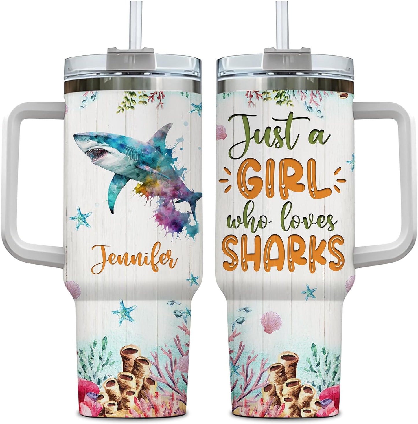 Shark Ocean Lover Tumbler 40oz – Personalized Stainless Steel Travel Cup with Handle & Straw, Watercolor Marine Predator Design – Unique Gift for Women & Girls