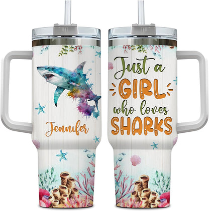Shark Ocean Lover Tumbler 40oz – Personalized Stainless Steel Travel Cup with Handle & Straw, Watercolor Marine Predator Design – Unique Gift for Women & Girls