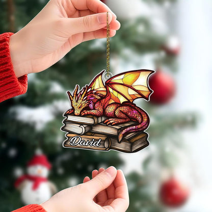 Book Dragon Cut Acrylic Ornament – Personalized Christmas Gift for Bookworm, Reader, or Fantasy Lover – Unique Tree Keepsake