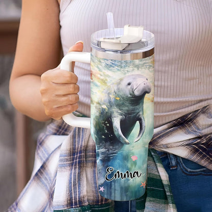 Manatee Lover Tumbler 40oz with Handle & Straw – Personalized Stainless Steel Insulated Travel Cup with Lid – Cute Sea Animal Gift for Women & Girls