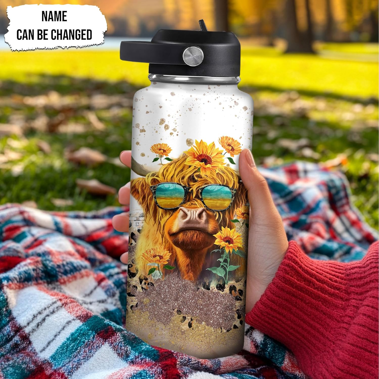Sunflower Highland Cow Travel Insulated Stainless Steel Bottle with Leak-Proof Lid 32oz - Personalized Gift for Cow Lovers