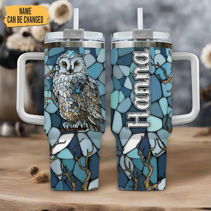 Blue Mosaic Owl Tumbler 40oz with Handle & Straw – Personalized Stainless Steel Insulated Travel Cup with Lid – Stylish Gift for Owl Lovers