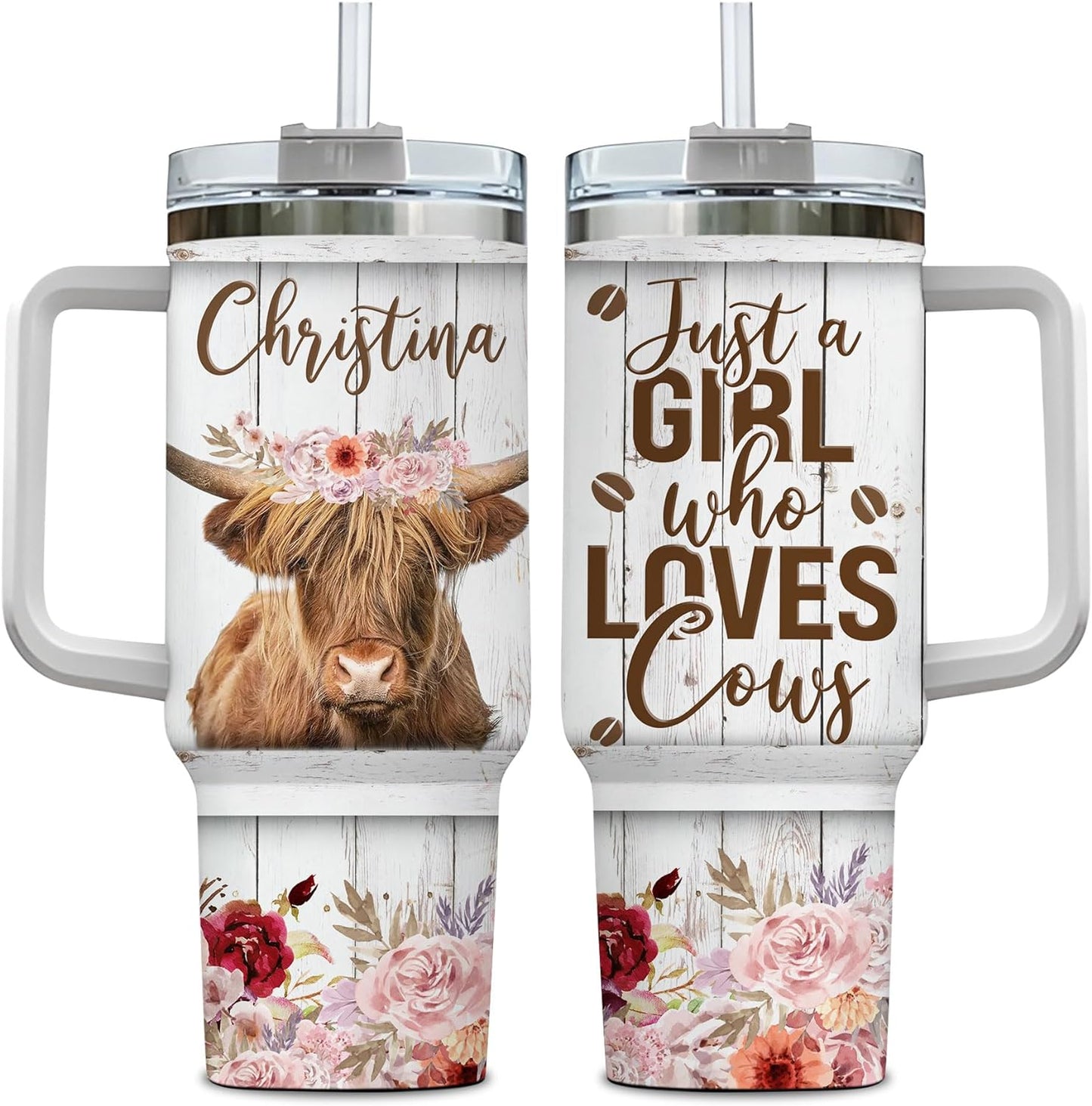 Floral Highland Cow Tumbler 40oz with Handle & Straw – Personalized Stainless Steel Travel Cup with Lid – Unique Gift for Farm Animal Lovers