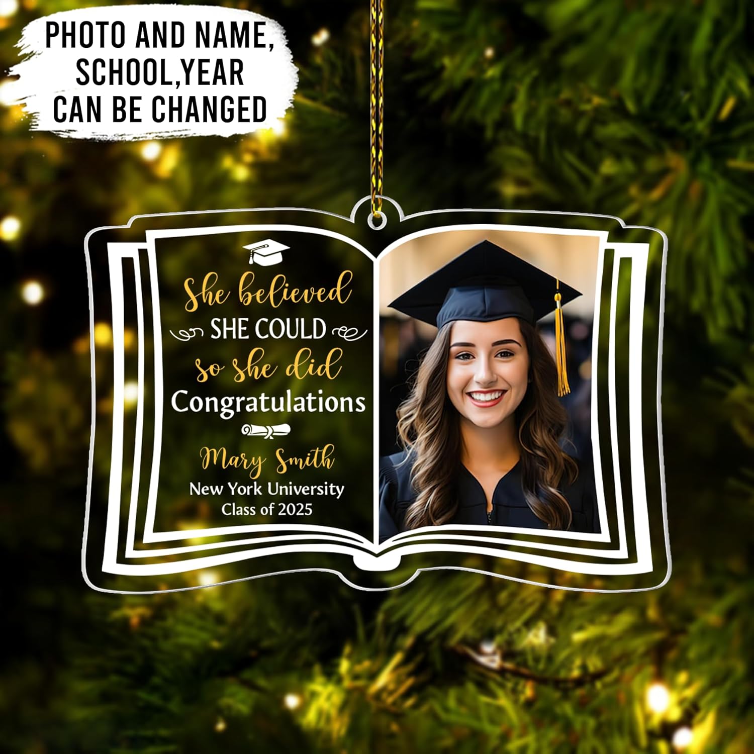 Open-Book Graduation Cut Acrylic Ornament – Personalized Photo Class of 2025 Gift for Graduate, Senior or Master’s Student, Commencement Tree Keepsake