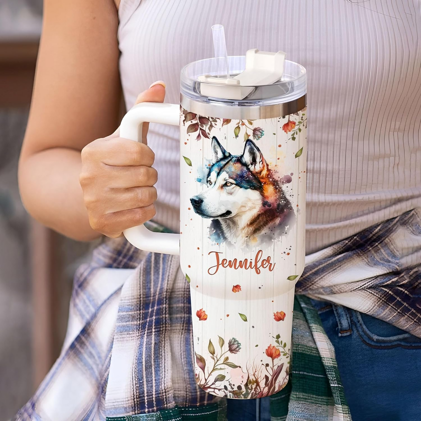 Husky Lover Tumbler 40oz with Handle & Straw – Personalized Stainless Steel Travel Cup with Lid – Creative Gift for Dog Lovers