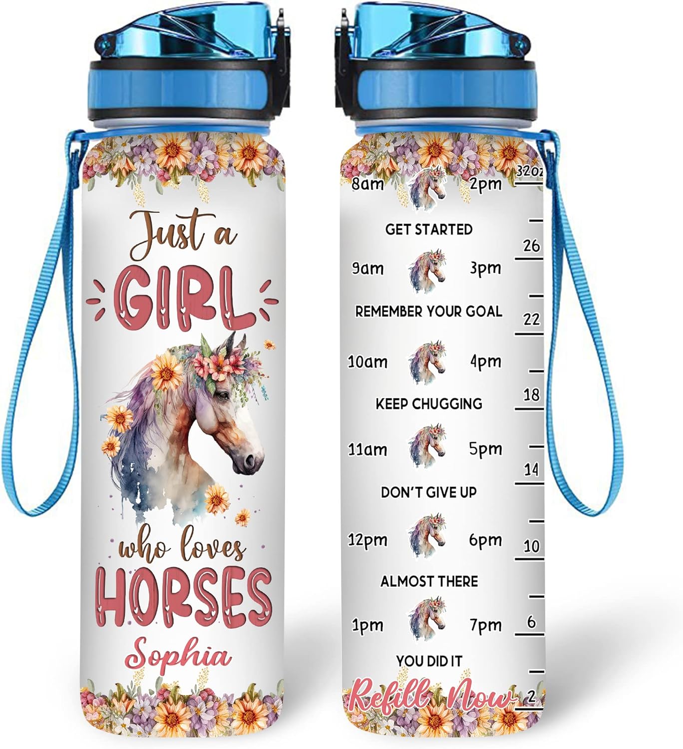 Horse Lovers Water Bottle Tracker 32oz – Personalized Motivational Bottle with Time Marker – Stylish Gift for Girls & Riders