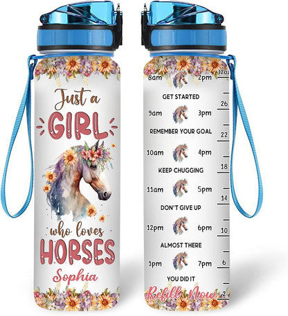 Horse Lovers Water Bottle Tracker 32oz – Personalized Motivational Bottle with Time Marker – Stylish Gift for Girls & Riders