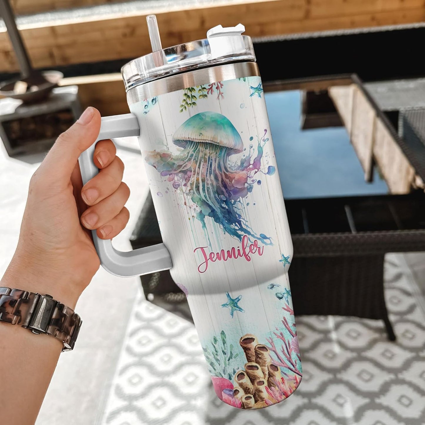 Watercolor Jellyfish 40oz Tumbler with Handle & Straw – Personalized Stainless Steel Insulated Travel Cup with Lid – Stylish Gift for Sea Life Lovers