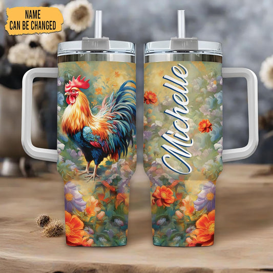 Colorful Rooster Tumbler 40oz – Personalized Stainless Steel Insulated Cup with Handle & Straw – Fun Gift for Chicken Lovers