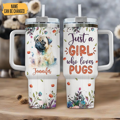 Cute Pug Lover Tumbler 40oz with Handle & Straw – Personalized Stainless Steel Travel Cup with Lid – Gift for Dog Lovers