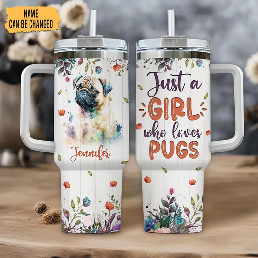 Cute Pug Lover Tumbler 40oz with Handle & Straw – Personalized Stainless Steel Travel Cup with Lid – Gift for Dog Lovers