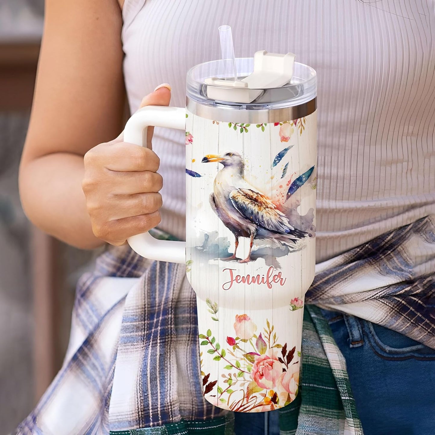 Seagull Lover Tumbler 40oz with Handle & Straw – Personalized Stainless Steel Travel Cup with Lid – Unique Gift for Bird Lovers