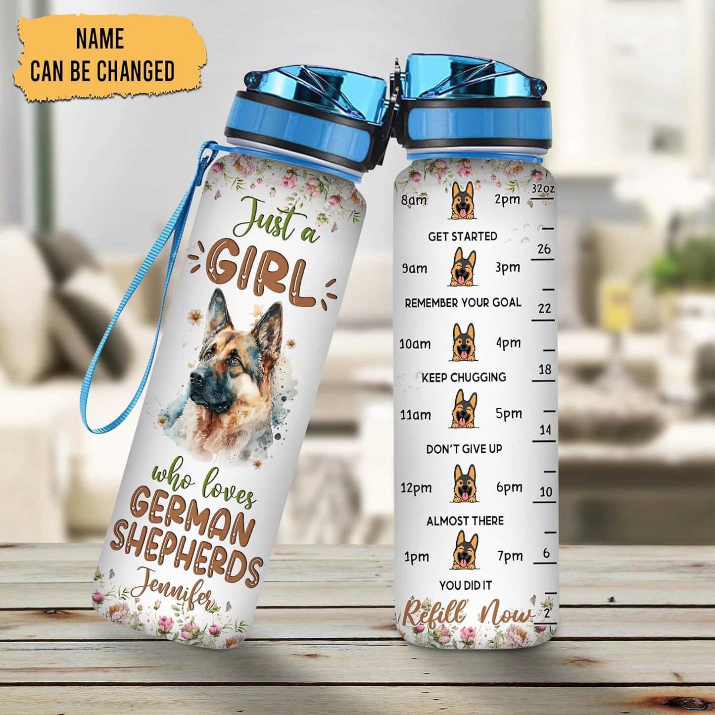 German Shepherd Water Bottle Tracker 32oz – Personalized Motivational Bottle with Time Marker – Gift for Dog Lovers