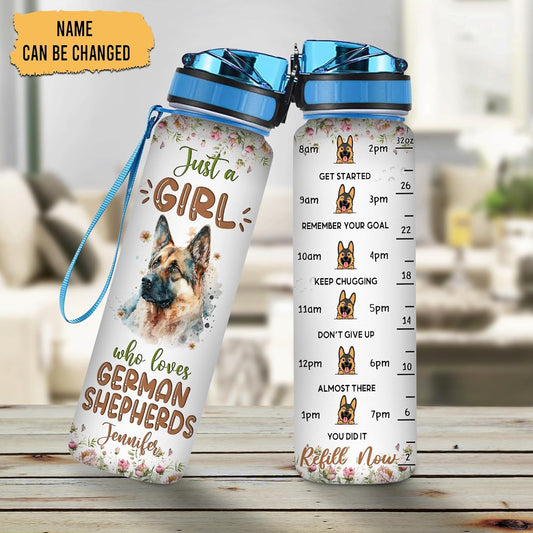 German Shepherd Water Bottle Tracker 32oz – Personalized Motivational Bottle with Time Marker – Gift for Dog Lovers