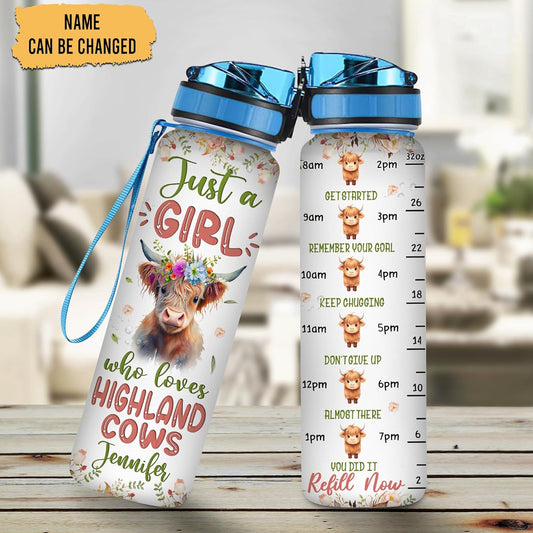 Just A Girl Who Loves Highland Cows - Personalized Water Tracker Bottle 32oz