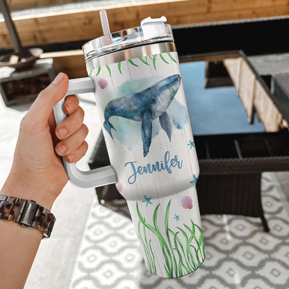 Whale Ocean Lover Tumbler 40oz – Personalized Stainless Steel Insulated Cup with Handle & Straw, Watercolor Marine Art – Stylish Gift for Women & Girls