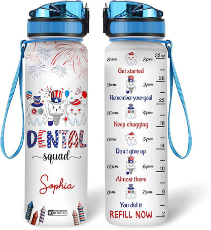 Dental Squad Water Bottle Tracker 32oz – Personalized Dentist Team Hydration Bottle with Time Marker – Appreciation Gift for Hygienists