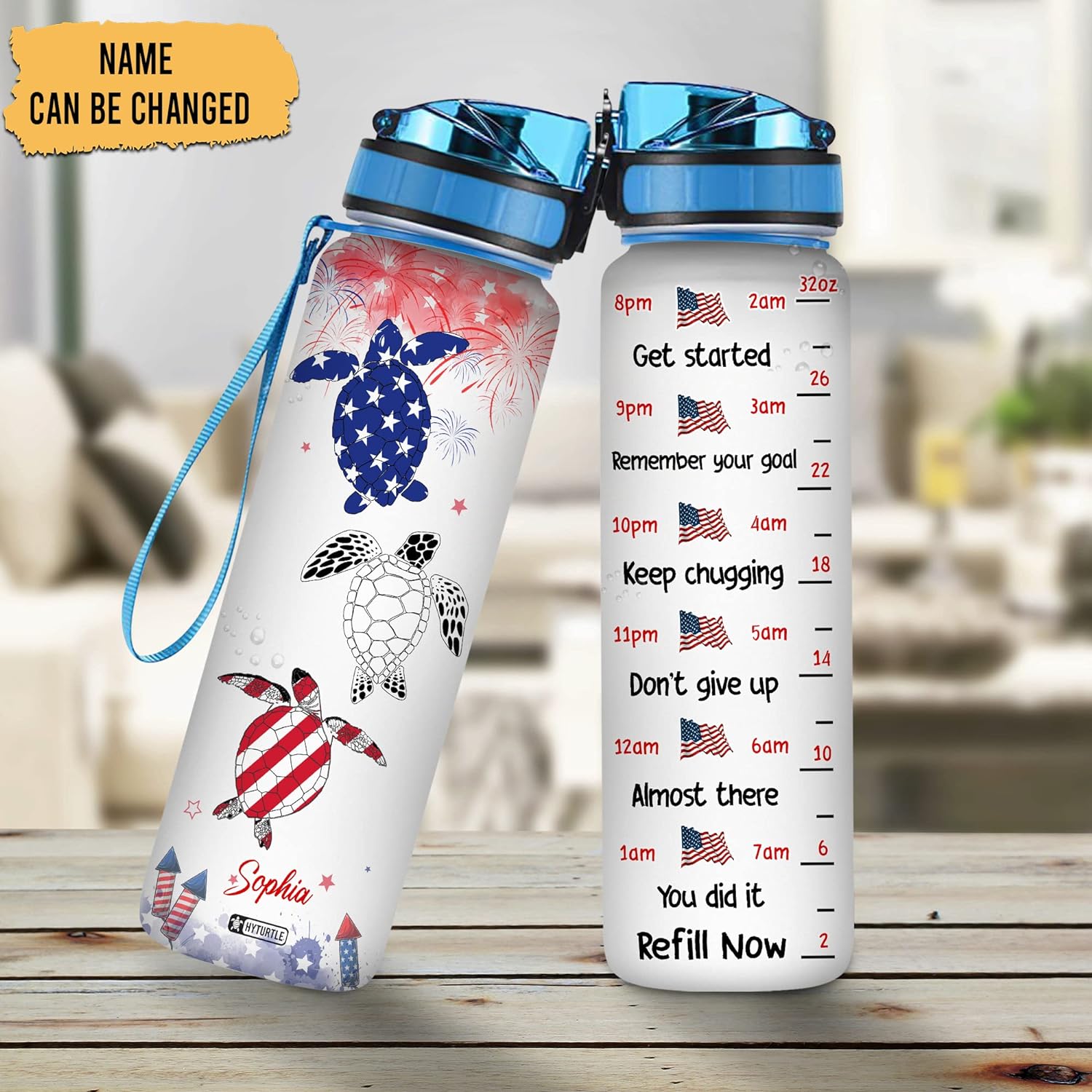 Turtle American Flag - Personalized Water Tracker Bottle 32oz