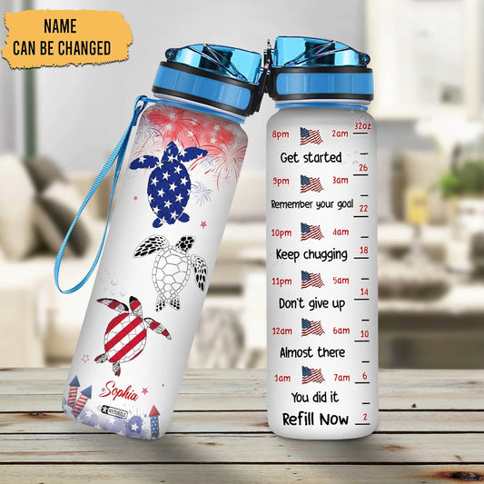 Turtle American Flag - Personalized Water Tracker Bottle 32oz
