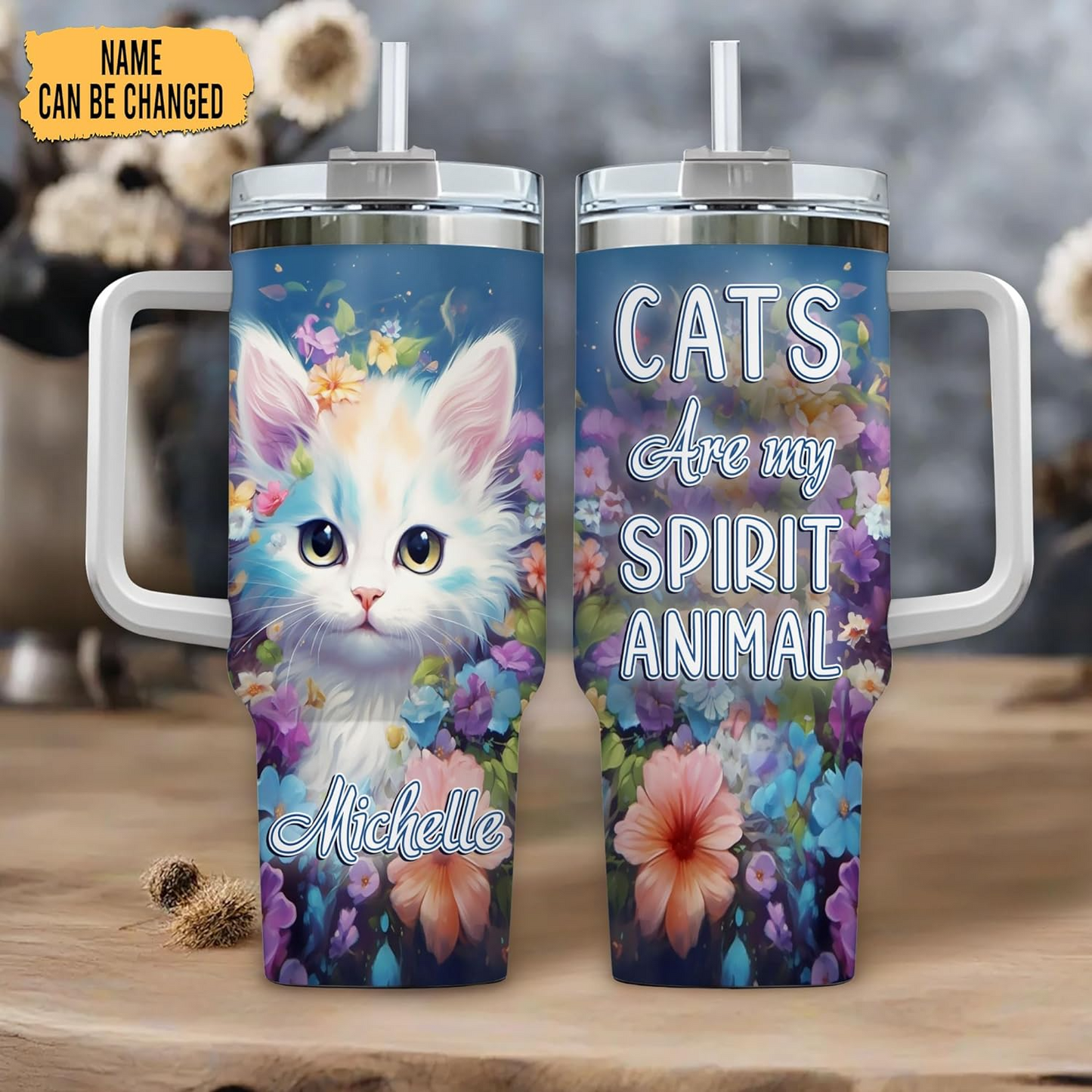 Cat Lover Tumbler 40oz with Handle & Straw – Personalized Stainless Steel Insulated Cup with Lid – Cute Birthday & Christmas Gift for Women & Girls