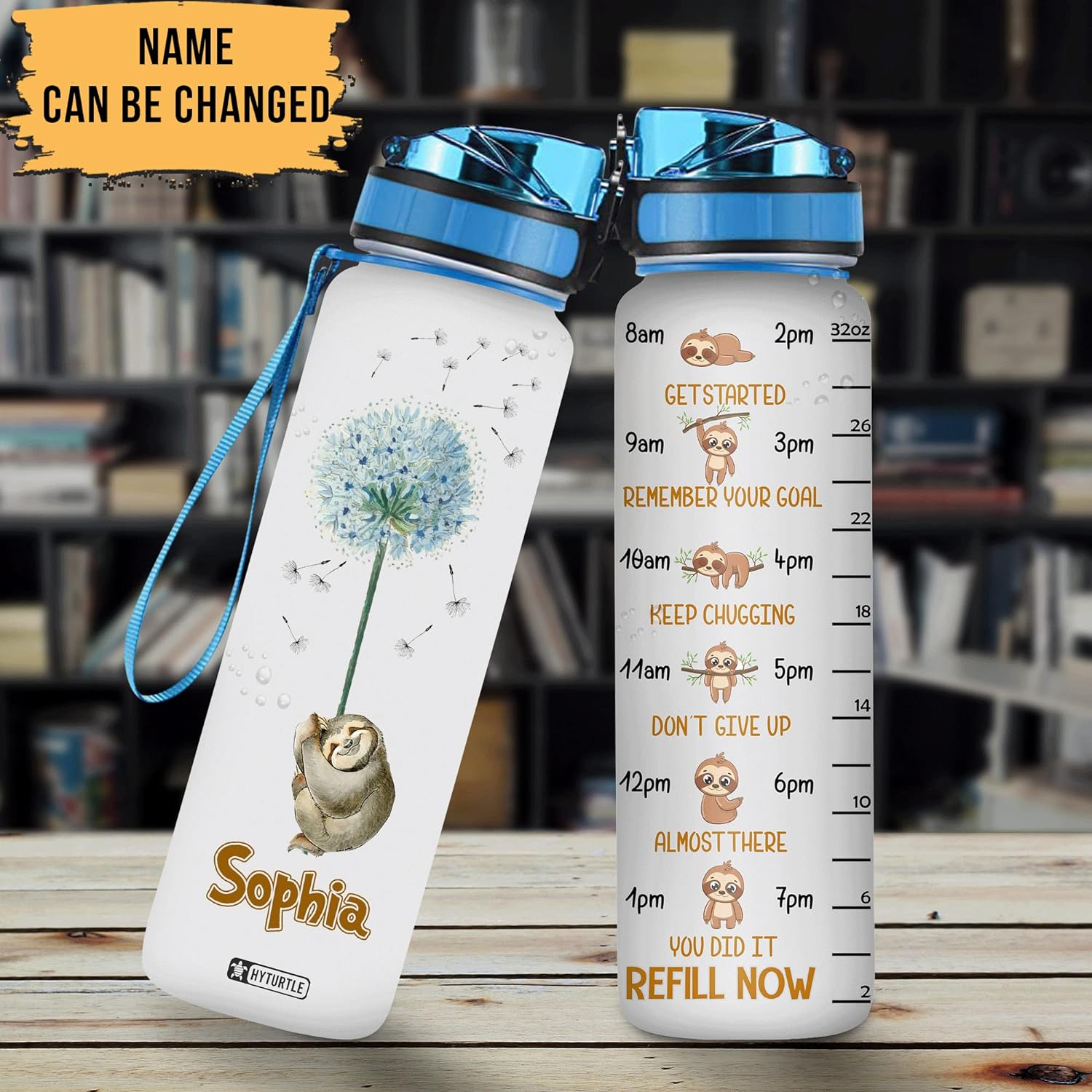 Sloth Dandelion - Personalized Water Tracker Bottle 32oz