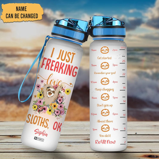Cute Sloth Theme Water Bottle Tracker 32oz – Personalized Motivational Hydration Bottle – Adorable Gift for Sloth Lovers