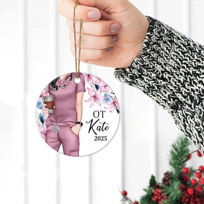Occupational Therapist Scrubs Floral Ceramic Circle Ornament – Personalized Christmas Gift for OT or OTA, Therapy Team Appreciation Keepsake