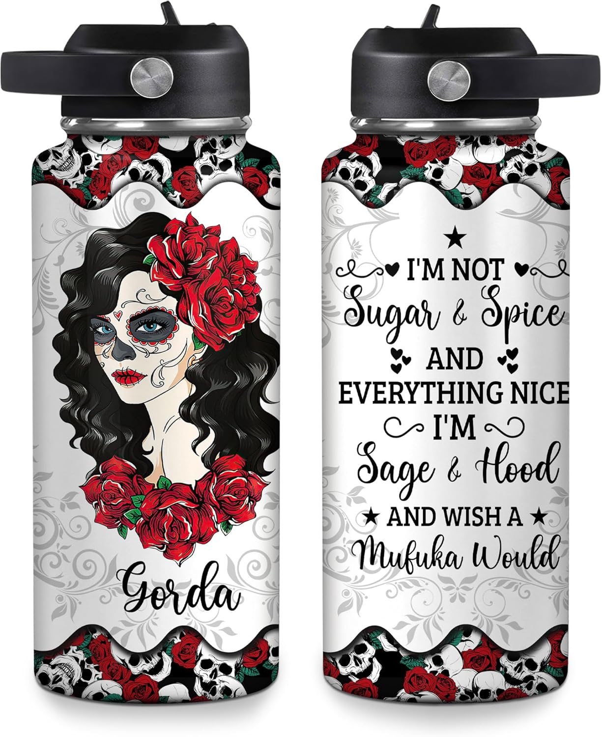 Sugar Skull Water Bottle 32oz – Travel Insulated Stainless Steel Bottle with Leak-Proof Lid – Gothic Day of the Dead Gift