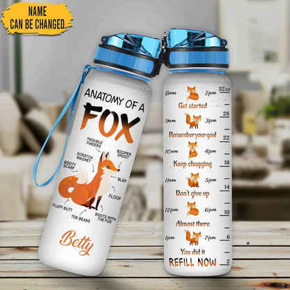 Anatomy of a Fox Water Bottle Tracker 32oz – Personalized Motivational Bottle with Time Marker – Fun Gift for Fox Lovers
